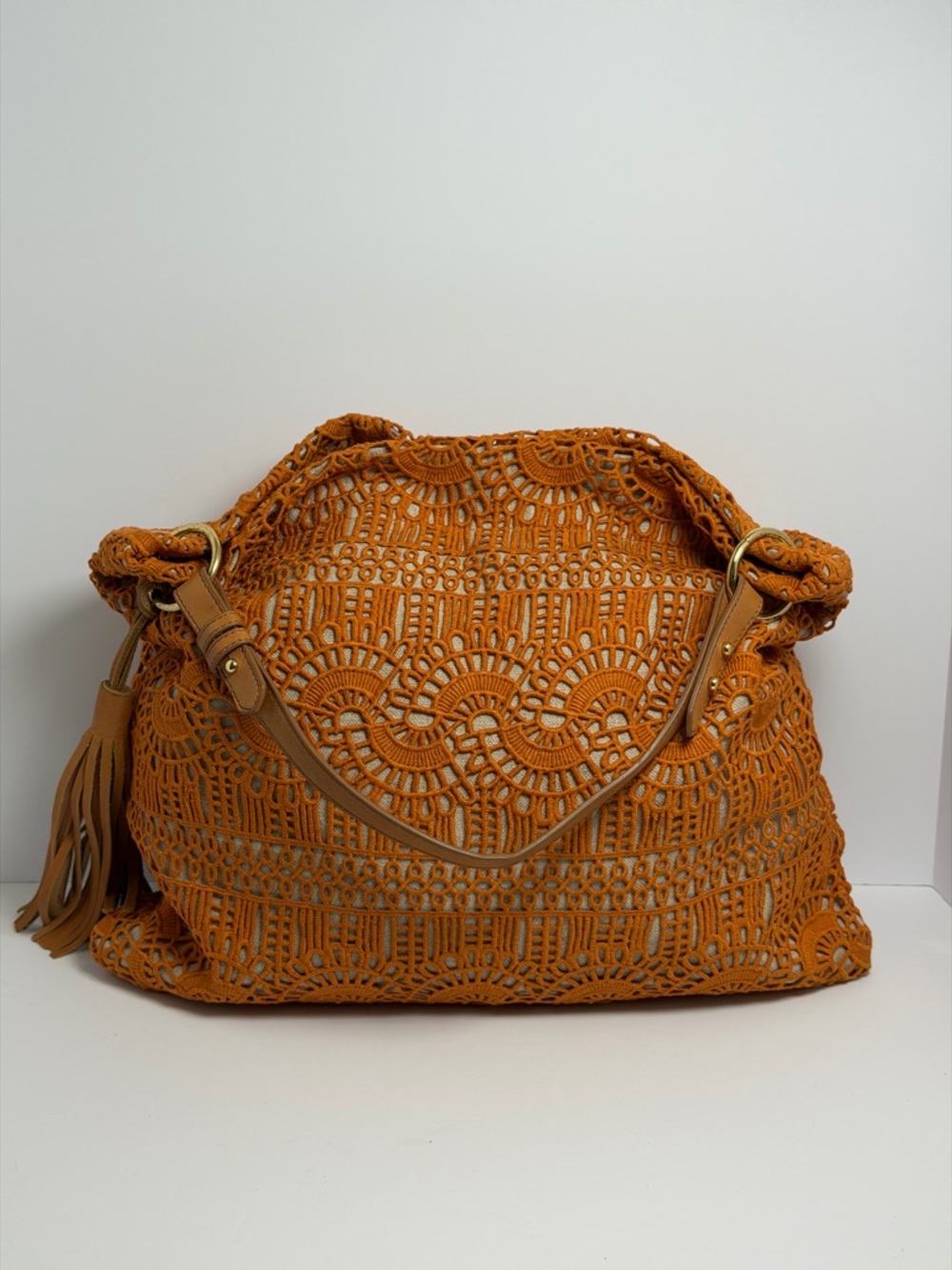 TOPKAPI TREASURE Orange Crocheted Tote Shoulder Bag